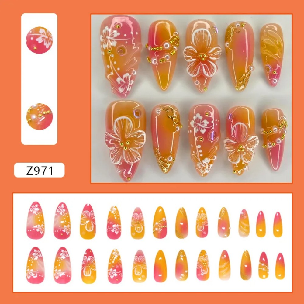 24Pcs Kuku Palsu Almond Pink G - Pressed Flower Art ulasan dan harga
