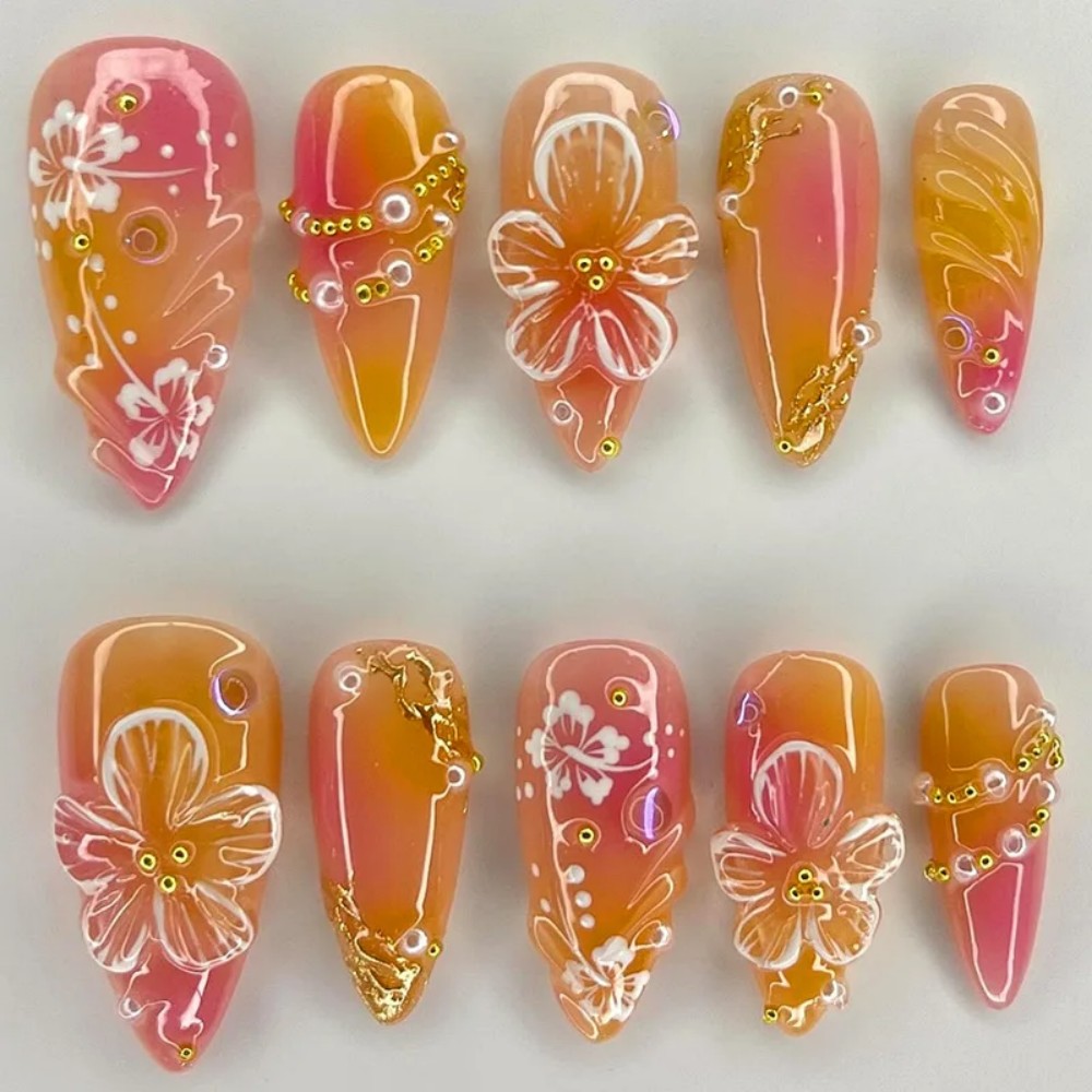 24Pcs Kuku Palsu Almond Pink G - Pressed Flower Art ulasan dan harga