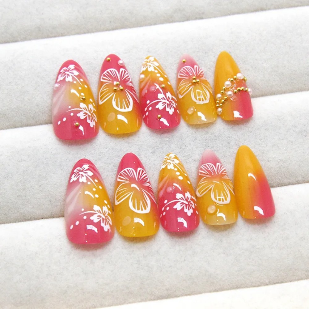 24Pcs Kuku Palsu Almond Pink G - Pressed Flower Art ulasan dan harga