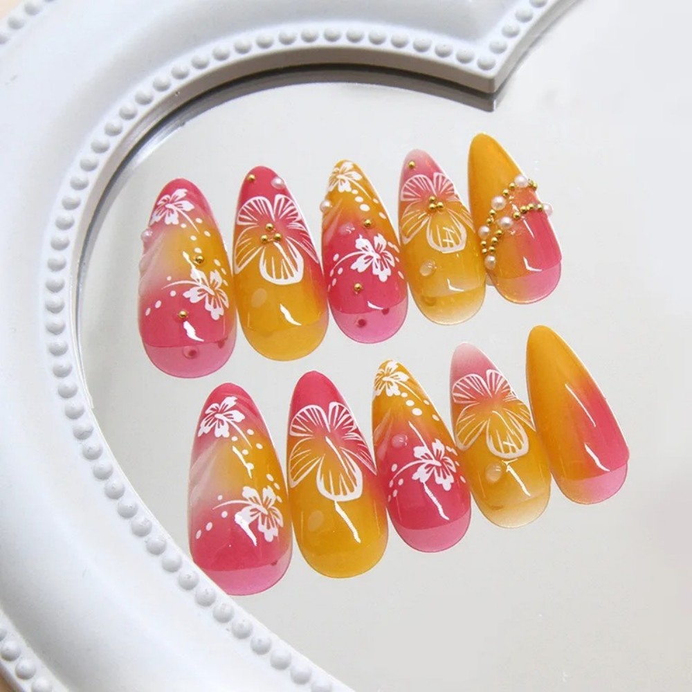 24Pcs Kuku Palsu Almond Pink G - Pressed Flower Art ulasan dan harga